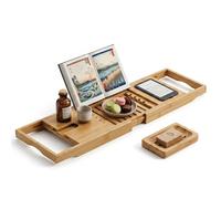 Expandable Bamboo Bath Tray Caddy For Bathtub With Wine Glass Holder, Tablet & Book Stand, Foldable Retractable Bath Organizer