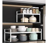 Expandable Cabinet Shelf, Kitchen Cupboard Shelf Organiser, Cabinet Storage Shelves Stand Spice Rack, Space Saver Plate Organiser, Kitchen Storage Rack Shelves for Countertop Pantry (White, Heighten)