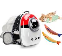 Expandable Cat Carrier Backpack with Catnip Toys, Backpack for Cats Kitten Small Puppy, Airline Approved Cat Bubble Backpack, Space Capsule Astronaut Carrier… (RED BP&Toy, Back Extension)