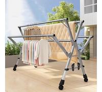 Expandable Clothes Drying Rack Stainless Steel Folding Dryer with Wheels Indoor Outdoor Drying Stand 20 Hoo & 12 Clips Adjustable 135 200cm