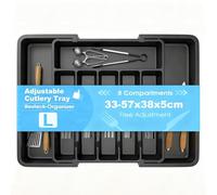Expandable Cutlery Drawer Organiser - Large Cutlery Tray with 8 Compartments, Multi-Purpose Plastic Storage Insert for Forks, Knives, Spoons, Home & Kitchen Essentials, Black, 33-57 x 38 x 5 cm