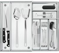 Expandable Cutlery Drawer Organiser - Utensil Trays for Kitchen Drawers, Adjustable Silverware and Flatware Holder, Large Steel Mesh Storage Organiser for Spoons Forks Knives, Silver