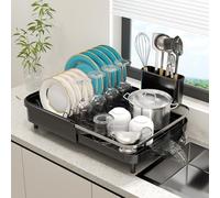 Expandable Dish Drying Rack，Dish Rack for Kitchen Counter - Stainless Steel Dish Drainer with Efficient Drainage, Drainboard Set, and Utensil Holder, Over the Sink Dish Drainer Drying Rack, Black