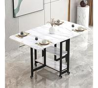 Expandable Folding Dining Table with Drop-Leaf 6 Wheels 2-Tier Storage Shelves Multi-Functional Kitchen Table White & Black Stripes 100 cm - Ideal for Small Spaces