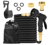 Expandable Garden Hose 50FT/15m with 10-Pattern Spray Gun, Black | 3x Expandable, Triple-Layer Core+Polyester, Leak-Proof, 10 Spray Modes Incl. Mist/Jet/Shower, Adj Flow, Hanger+Bag