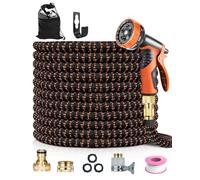 Expandable Garden Hose Pipe 100FT/30M, 10-Pattern Spray Nozzle, Brass Fittings 1/2" & 3/4", Durable 3750D Fabric, 4-Layer Latex Core, Leak-Resistant Design for Gardening, Car Cleaning, Black & Orange