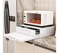 Expandable Kitchen Tray with Drawer Carbon Steel Microwave Shelf Sliding Worktop Storage Solution 47 x 36~62 x 14 cm White Space-Saving