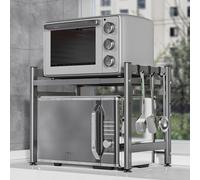 Expandable Microwave Oven Rack, Double Layer Carbon Steel Adjustable Microwave Shelf, Toaster Rack Heavy Duty Stand Kitchen Countertop Organizer, 55 lb Load Bearing, 2 Tier with 6 Hooks (Grey)