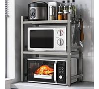 Expandable Microwave Rack with 6 Hooks - 3-Tier Kitchen Storage Shelf nizer, Countertop Space Saver for Microwave, Cookware, and Utensils - Stylish Grey Design