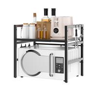 Expandable Microwave Shelf, 2 Tier Microwave oven Rack Stand Storage Holder Kitchen Corner Shelf Desktop Shelf Rack, Bakers Rack with 6 Hooks