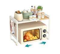 Expandable microwave shelf with adjustable kitchen storage, Cream White + Light Bamboo