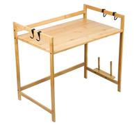 Expandable Microwave Stand, 2 Layers Kitchen Shelves Storage Shelf, Bamboo Kitchen Countertop Organizer with Chopping Board Slot & 4 Hooks/22x14x16.5 Inch