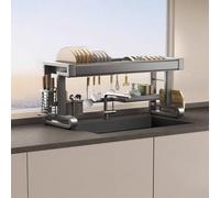 Expandable Over Sink Dish Rack Extra Large Kitchen Drying Rack Side Dish Drainer Adjustable Dish Drying Tray for Countertop Grey Single Layer 29in 76cm