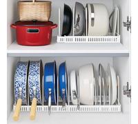 Expandable Pan Lid Holder with 10 Adjustable Dividers, Retractable Cabinet Pots Plate Storage Rack, Anti Scratch Kitchen Cupboard Organiser for Baking Trays, Chopping Board, Pans Accessories (White)