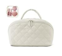 Expandable Travel Makeup Bag, Large Quilted Waterproof Toiletry Organizer Pouch, Opens Flat for Easy Access, Cosmetic Bag for Women (White)