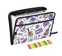 Expanding File Folder Music Notes Guitar Radio, 13 Pockets Accordion File Organizer with Sticky Labels Zipper Portable A4 Document Organizer for Home Office School Supplies