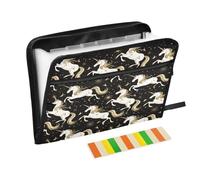 Expanding File Folders 13 Pockets A4 Letter Size with Zipper Closure for Business Black and White Unicorns Gold Design organizador