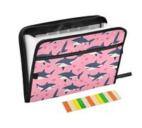 Expanding Folders 13 Pockets A4 Letter Size Document Organizer with Zipper Closure for Doctor Document Storage Valentine's Cartoon Shark Fish Pink