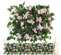 Expanding Garden Trellis Panel with Artificial Ivy and Violet Flowers - Privacy Hedge Screening with Leaves for Backyard Home Decor