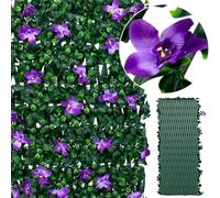 Expanding Trellis With Artificial Leaves & Purple Flowers - Extendable up to 282x30cm (9.3× 1.0ft), Decorative Garden Privacy Screen - Ficus Leaf Artificial Hedge Screening Panel for Balcony, Fence