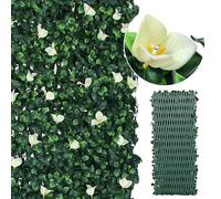 Expanding Trellis With Artificial Leaves & White Flowers - Extendable up to 282x30cm (9.3× 1.0ft), Decorative Garden Privacy Screen - Ficus Leaf Artificial Hedge Screening Panel for Balcony, Fence