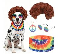 EXPAWLORER 4 Pcs Hippie Dog Halloween Costume, Funny Pet Cosplay Set Includes Adjustable Curler Wig, Sunglasses, Tie-Dye Scarf & Necklace, Ideal for Halloween, Christmas, Cosplay & Birthday Parties