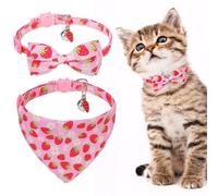 EXPAWLORER Breakaway Cat Collar with Bell - 2 Pack Cute Cat Collar with Removable Bow and Bandana for Girl Boy, Adjustable Safe Kitten Collars with Pendants, Strawberry