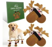 EXPAWLORER Christmas Anti Slip Dog Socks to Prevent Licking Paws, Boots & Paw Protectors with Grippers,Doggie Booties for Hardwood Floors for Small Medium Large Senior Dogs Lifelike Costume Reindeer L