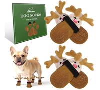 EXPAWLORER Christmas Anti Slip Dog Socks to Prevent Licking Paws, Boots & Paw Protectors with Grippers,Doggie Booties for Hardwood Floors for Small Medium Large Senior Dogs Lifelike Costume Reindeer M