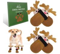 EXPAWLORER Christmas Anti Slip Dog Socks to Prevent Licking Paws, Boots & Paw Protectors with Grippers,Doggie Booties for Hardwood Floors for Small Medium Large Senior Dogs Lifelike Costume Reindeer S