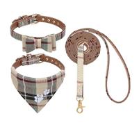 EXPAWLORER Classic Plaid Dog Collar with Bow Tie and Pawprint Bandana, No Tangle Lead, Adjustable for Small Medium Dogs, Brown Medium