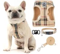 EXPAWLORER Classic Plaid Dog Harness Medium - Dog Collar and Lead Set with AirTag Holder - Soft Adjustable Step in Pet Vest Harness No Pull, Reflective Escape Proof for Outdoor Walking, Khaki L