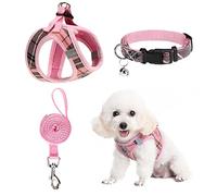 EXPAWLORER Classic Plaid Dog Harness Medium - Dog Collar and Lead Set with AirTag Holder - Soft Adjustable Step in Pet Vest Harness No Pull, Reflective Escape Proof for Outdoor Walking, Pink L