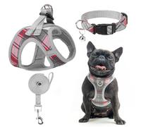 EXPAWLORER Classic Plaid Dog Harness Medium - Dog Collar and Lead Set with AirTag Holder - Soft Adjustable Step in Pet Vest Harness No Pull, Reflective Escape Proof for Outdoor Walking, Grey L
