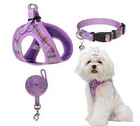 EXPAWLORER Classic Plaid Dog Harness Medium - Dog Collar and Lead Set with AirTag Holder - Soft Adjustable Step in Pet Vest Harness No Pull, Reflective Escape Proof for Outdoor Walking, Purple L