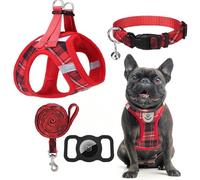 EXPAWLORER Classic Plaid Puppy Harness - Small Dog Collar and Lead Set with AirTag Holder - Soft Adjustable Step in Pet Vest Harness No Pull, Reflective Escape Proof for Outdoor Walking, Red XS