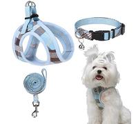 EXPAWLORER Classic Plaid Puppy Harness - Small Dog Collar and Lead Set with AirTag Holder - Soft Adjustable Step in Pet Vest Harness No Pull, Reflective Escape Proof for Outdoor Walking, Blue S