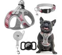 EXPAWLORER Classic Plaid Puppy Harness - Small Dog Collar and Lead Set with AirTag Holder - Soft Adjustable Step in Pet Vest Harness No Pull, Reflective Escape Proof for Outdoor Walking, Grey S