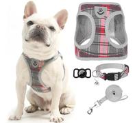 EXPAWLORER Classic Plaid Small Dog Harness - Dog Collar and Lead Set with AirTag Holder - Soft Adjustable Step in Pet Vest Harness No Pull, Reflective Escape Proof for Outdoor Walking, Grey M