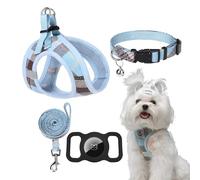 EXPAWLORER Classic Plaid Small Dog Harness - Dog Collar and Lead Set with AirTag Holder - Soft Adjustable Step in Pet Vest Harness No Pull, Reflective Escape Proof for Outdoor Walking, Blue M