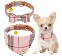 EXPAWLORER Cute Dog Collar - Classic Plaid Bow Tie and Bandana Dog Collars with Bell, Adjustable PU Leather Padded Pet Collars for Small Medium Dogs, Pink S