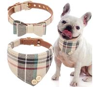 EXPAWLORER Cute Dog Collar - Classic Plaid Bow Tie and Bandana Dog Collars with Bell, Adjustable PU Leather Padded Pet Collars for Small Medium Dogs, Beige M