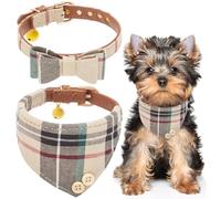 EXPAWLORER Cute Dog Collar - Classic Plaid Bow Tie and Bandana Dog Collars with Bell, Adjustable PU Leather Padded Pet Collars for Small Medium Dogs, Beige S