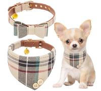 EXPAWLORER Cute Dog Collar - Classic Plaid Bow Tie and Bandana Pet Collars with Bell, Adjustable PU Leather Padded Puppy Collars for Small Medium Dogs, Beige XS