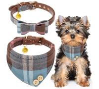 EXPAWLORER Cute Dog Collar - Classic Plaid Bow Tie and Bandana Pet Collars with Bell, Adjustable PU Leather Padded Puppy Collars for Small Medium Dogs, Blue XS