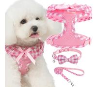 EXPAWLORER Cute Dog Harness Collar Leash Set - Pink Girl Dog Harness Checkered Step-in Design, Detachable Bow Pet Collar, Adjustable No-Choke Lightweight Mesh Vest for Cats Puppy Small Dogs, S