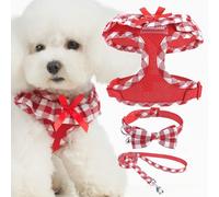EXPAWLORER Cute Dog Harness Collar Leash Set - Red Girl Dog Harness Checkered Step-in Design, Detachable Bow Pet Collar, Adjustable No-Choke Lightweight Mesh Vest for Cats Puppy Small Dogs, S