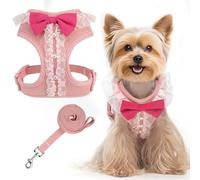 EXPAWLORER Cute Dog Harness, Pink Girl Adjustable No Pull Vest Harness with Leash for Walking, Soft Padded Step in Wedding Attire Suit Costume with Bow Tie for Small Medium Dogs, M