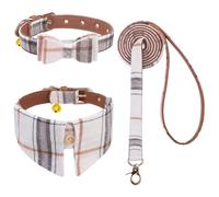 EXPAWLORER Dog Collar and Lead Set - Classic Plaid Bow Tie and Detachable Neck Collar with Cute Bell, No Tangle Dog Leash, Adjustable Pet Collars for Small Medium Dogs, Creamy XS