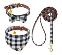 EXPAWLORER Dog Collar and Lead Set - Classic Plaid Bow Tie and Dog Bandana Collar with Cute Bell, No Tangle Dog Lead, Adjustable Puppy Collar for Small Medium Dogs Cats Holiday Birthday Gifts
